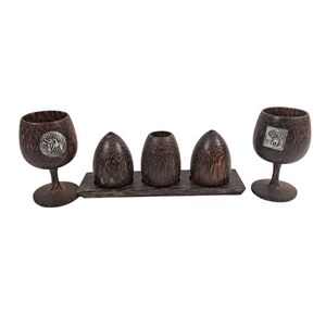 VTG Handmade Palm Wood Goblets W/ Elephant Salt Pepper Shakers Toothpick Holder